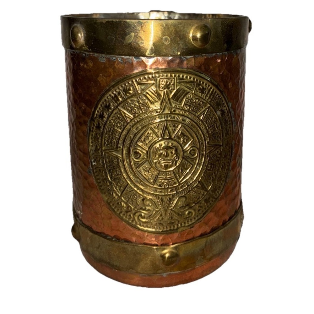 Mug Aztec Calendar Copper Brass Hammered Moscow‎ Mule Cup Mexico Vintage